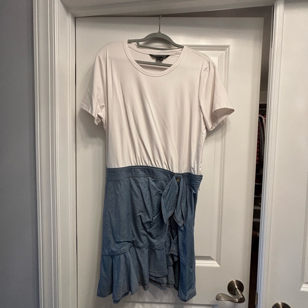 Veronica Beard Cream and Light Blue Two-Tone Mini Dress